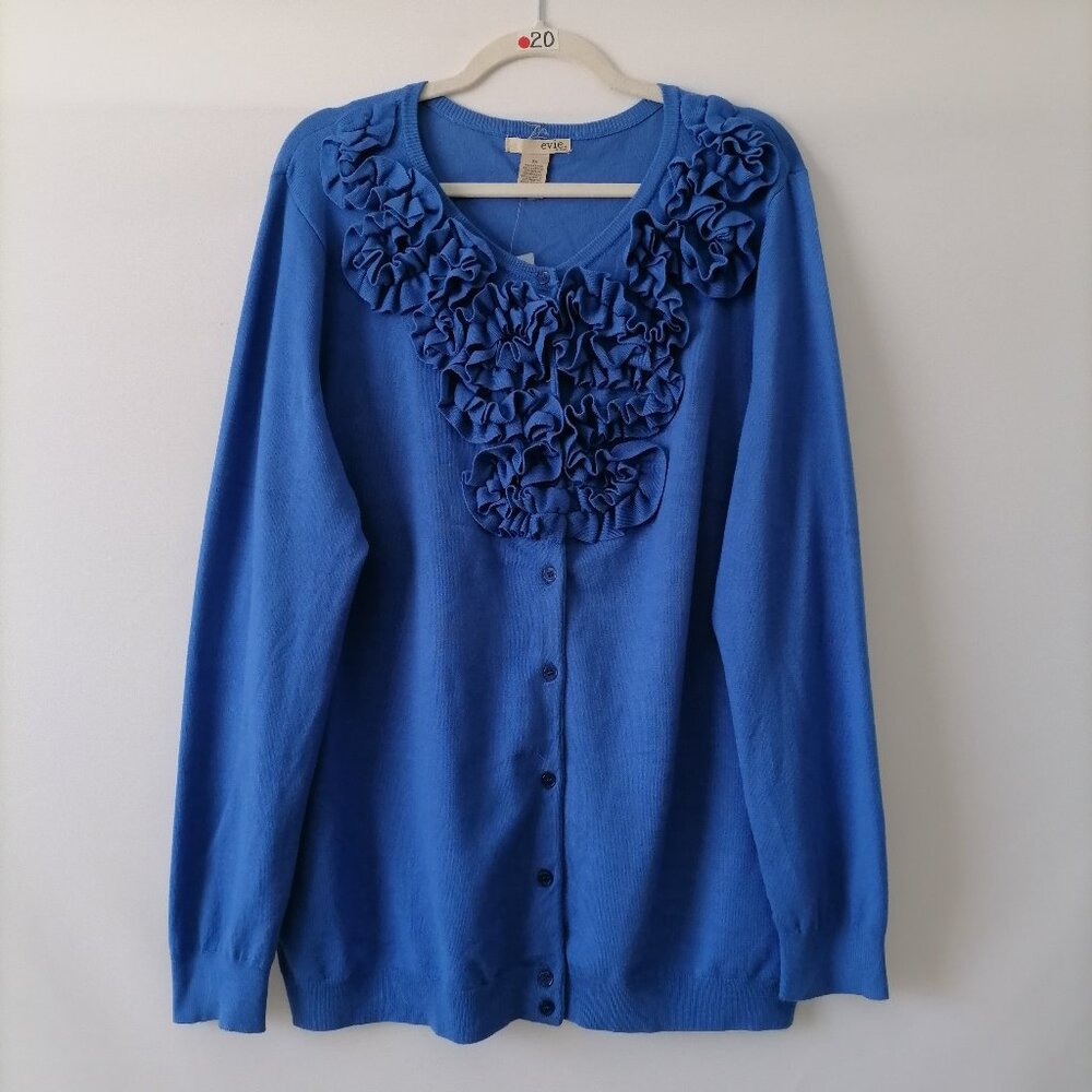 NWT E-vie Womens Cobalt Blue Long Sleeve Ruffle Trim Cardigan Sweater Size 2X